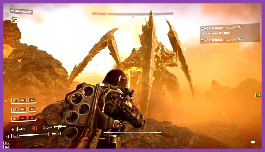 Helldiver firing an anti-tank rocket directly into a Terminid Bile Titan mouth