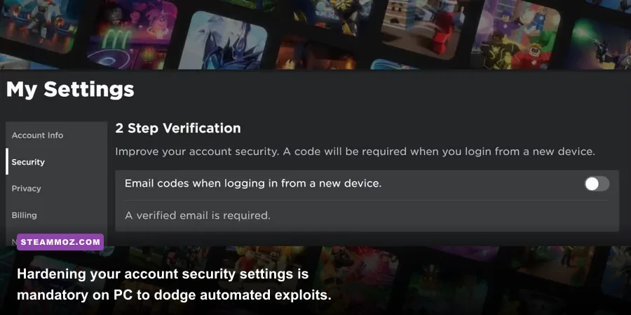 Roblox security settings dashboard with 2FA authenticator and hardware keys enabled
