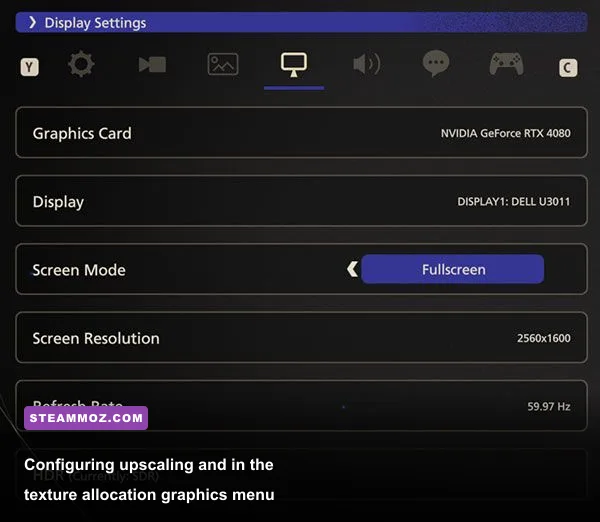 Final Fantasy 16 PC in-game graphics menu displaying resolution and upscaling settings