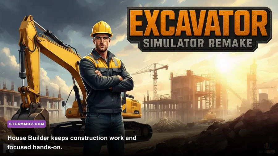 House Builder gameplay showing an excavator preparing a building foundation