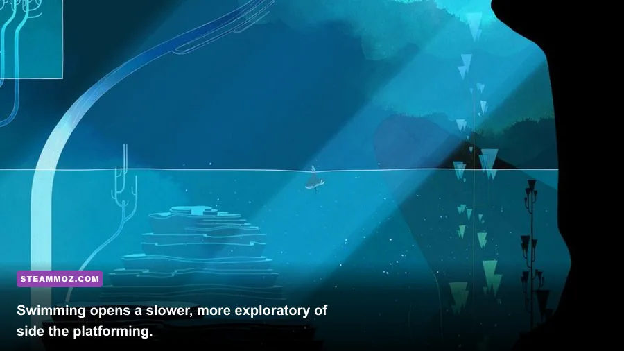 GRIS protagonist swimming through the underwater section of GRIS