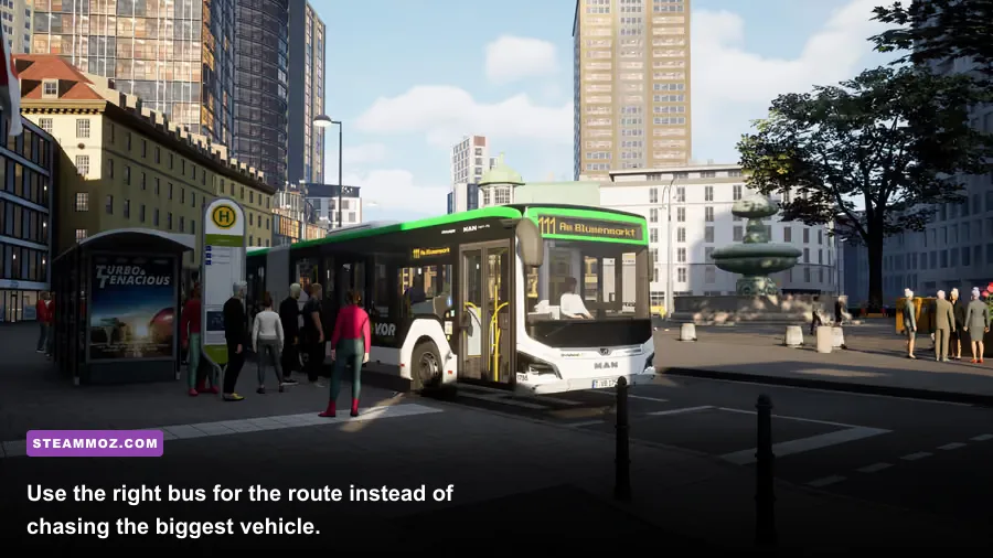 Bus Simulator 18 garage showing a MAN Lion's City bus fleet