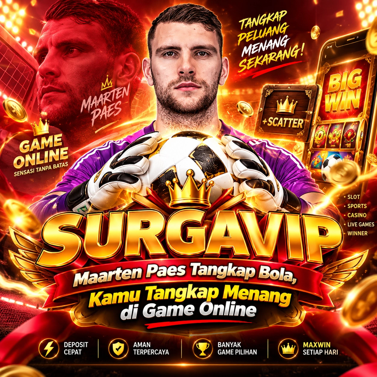 Thumbnail 1 of 3, Poster, SURGAVIP: Maarten Paes Tangkap Bola, Kamu Tangkap Menang di Game Online designed and sold by Surgavip.