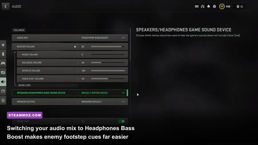 Modern Warfare 2 audio options menu highlighting sound mix configurations