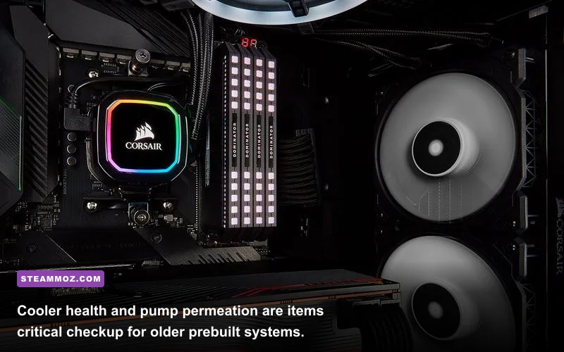Corsair liquid cooler block mounted to the CPU socket with illuminated pump head