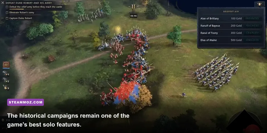 Age of Empires IV Norman campaign army attacking a fortified medieval settlement