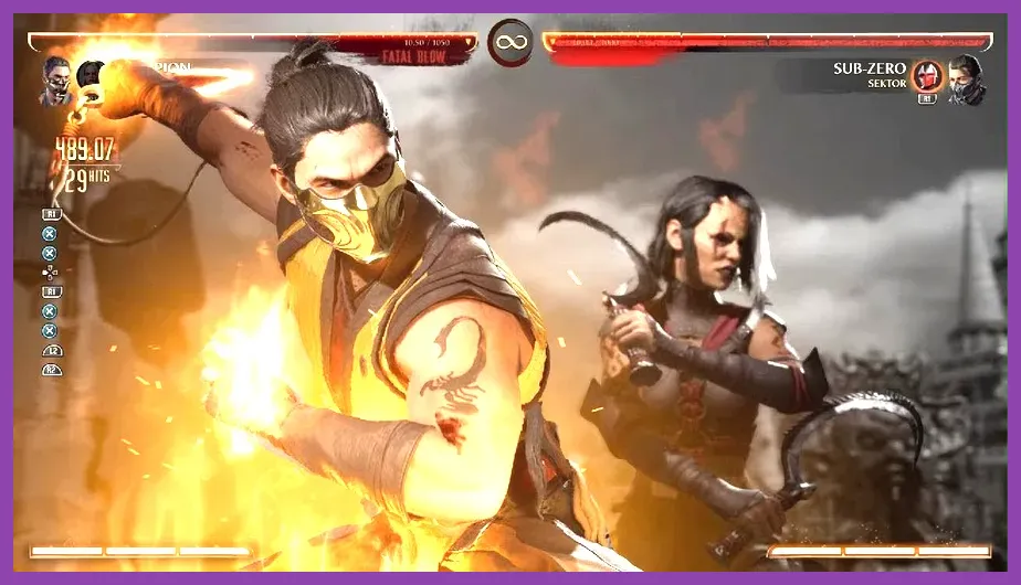 Scorpion performing a high damage combo in Mortal Kombat 1