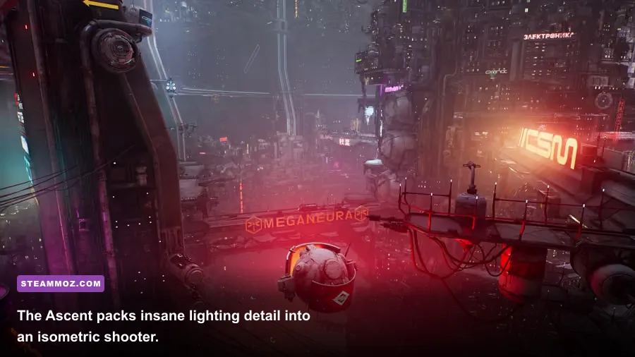 The Ascent's densely layered isometric cyberpunk metropolis