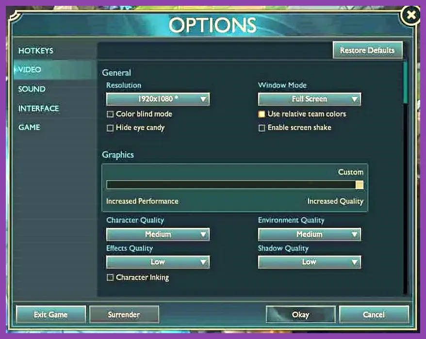 League of Legends graphics settings for performance