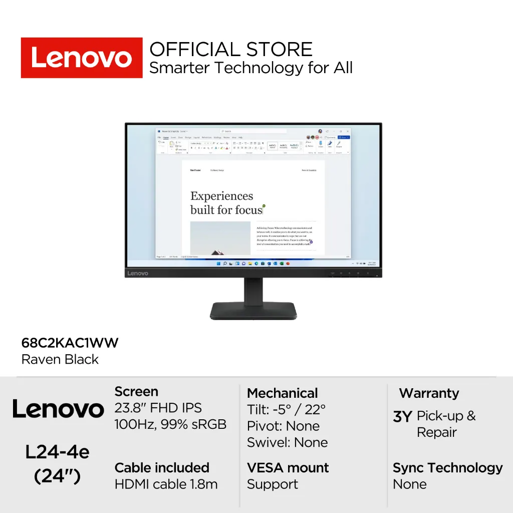 Lenovo Monitor L24-4e 68C2KAC1WW Raven Black 23.8" FHD IPS 250nits 48Hz-100Hz 99% sRGB Antiglare VESA 3-sided NearEdgeless WLED Backlight Tilt DP HDMI Cable L24 24inch Garansi Resmi 3 Tahun Pick-up & Repair