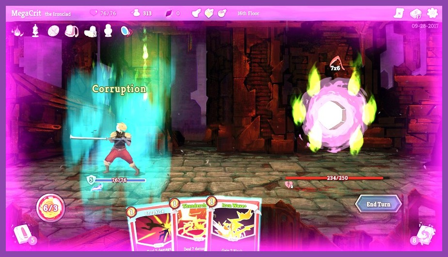 Slay the Spire card battle interface showing health and relics