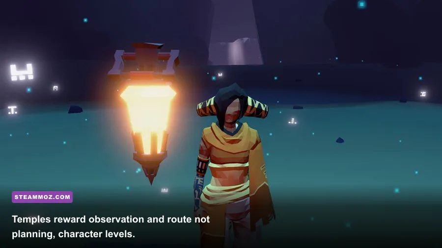 Auk exploring an ancient temple with a lantern in AER Memories of Old