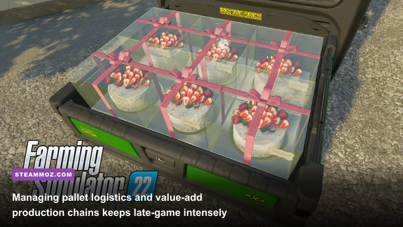 Forklift moving pallets of bread outside the bakery production facility in Farming Simulator 22