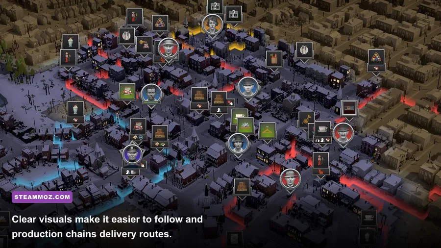 City of Gangsters production chain with warehouse speakeasy and delivery routes