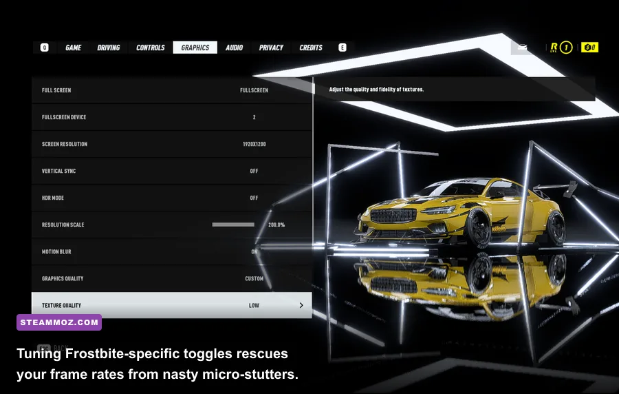 PC graphics configuration menu displaying shadow and reflection settings in NFS Unbound