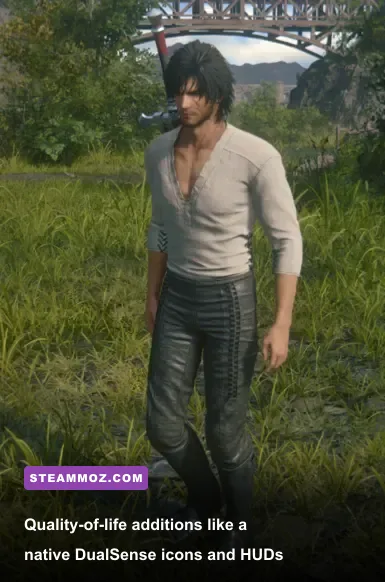Clive Rosfield sporting alternate gear with crisp PlayStation button prompt UI