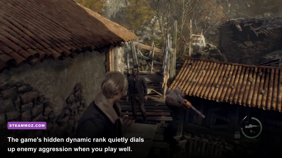 Leon fighting off a horde of angry Ganado villagers in Resident Evil 4 Remake