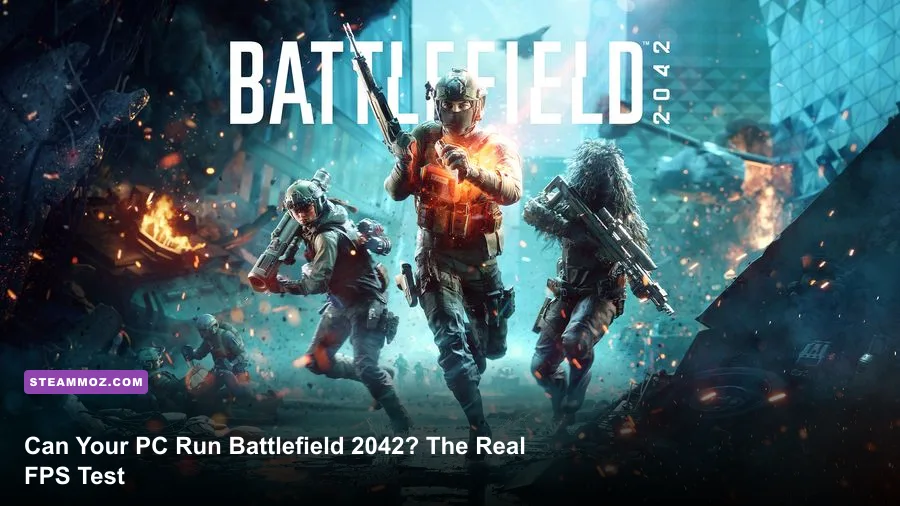 Battlefield 2042 PC benchmark showing multiplayer combat on a stormy battlefield