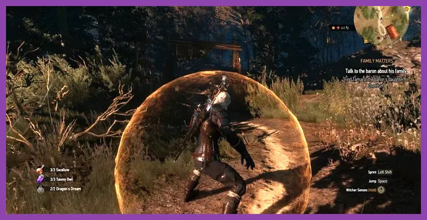 Geralt protected by the Quen sign in combat
