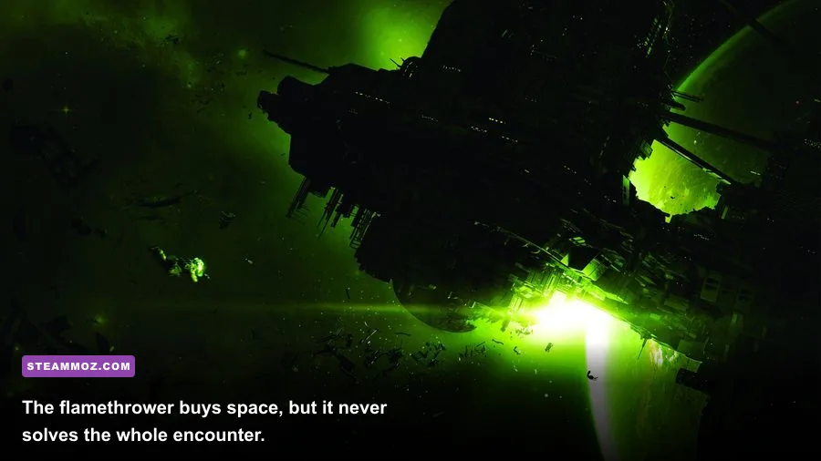 Amanda Ripley using the flamethrower to repel the Alien