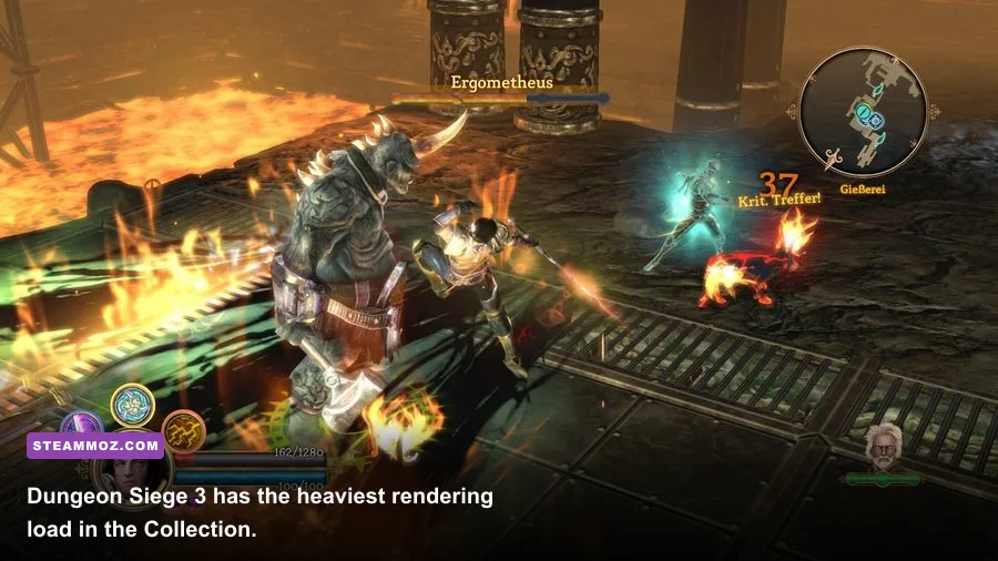 Dungeon Siege 3 hero fighting enemies in Ehb on PC