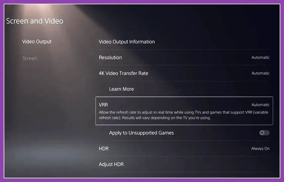 PS5 system settings screen indicating Variable Refresh Rate active