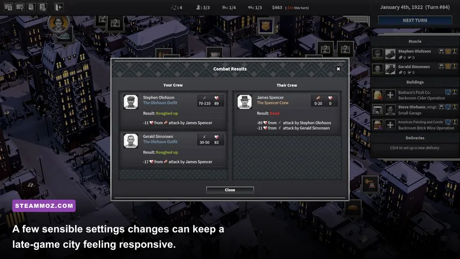 City of Gangsters PC graphics settings menu with resolution and detail options