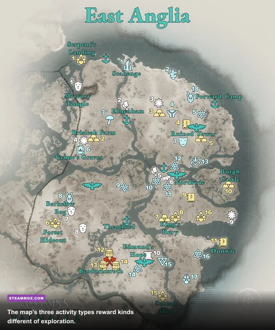 The Assassin's Creed Valhalla England map showing Wealth Mysteries and Artifacts