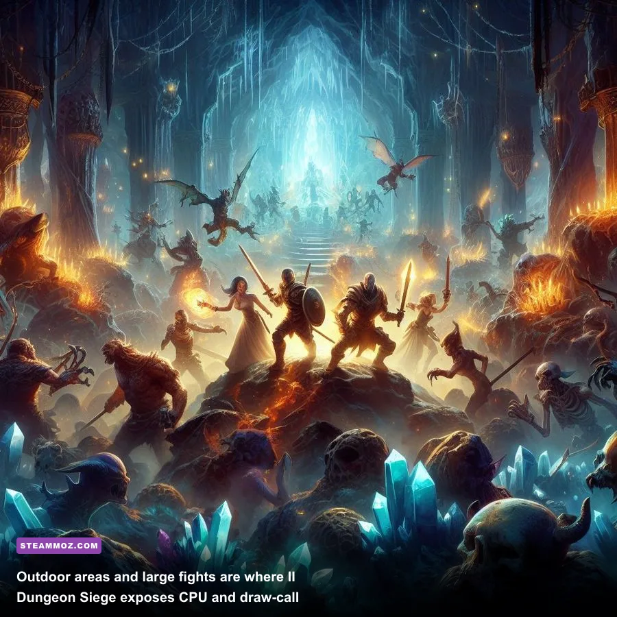 Dungeon Siege II party exploring Elysium in an outdoor gameplay scene