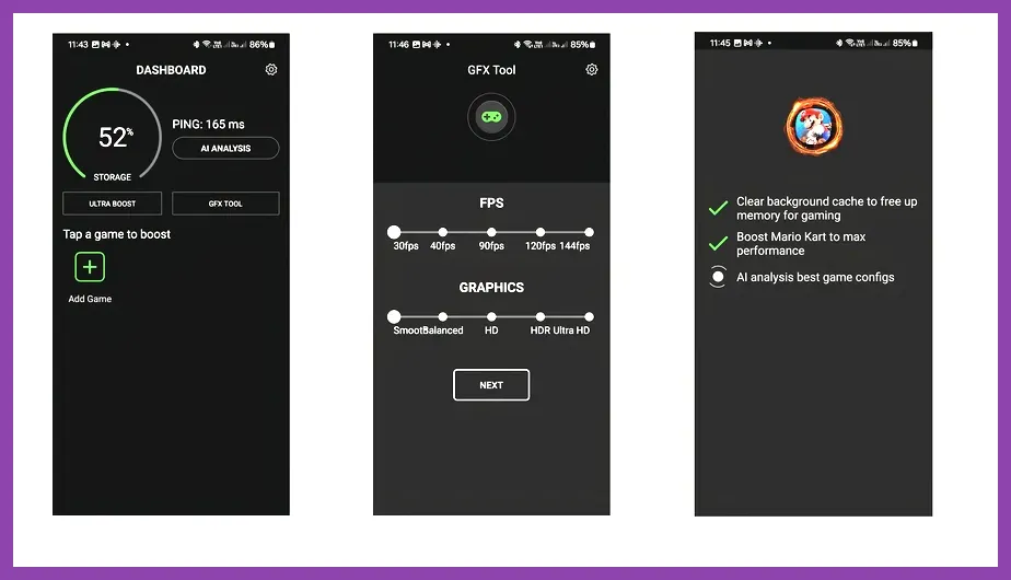 Smartphone performance dashboard showing frame rate stats