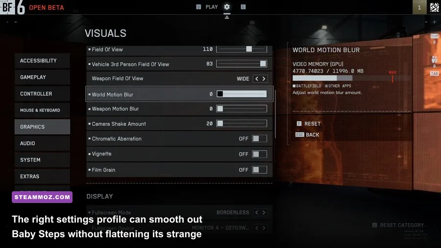 Baby Steps PC graphics settings menu showing resolution and quality options