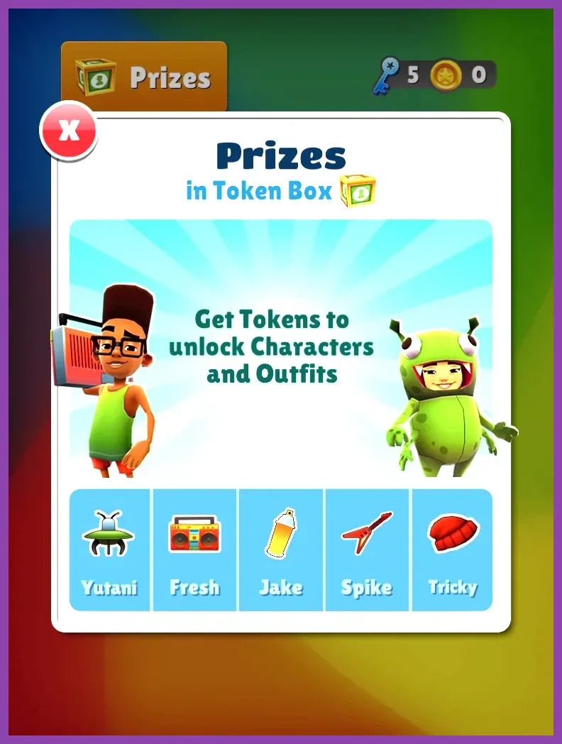 Subway Surfers shop showing coins, keys, Mystery Boxes, and character unlocks