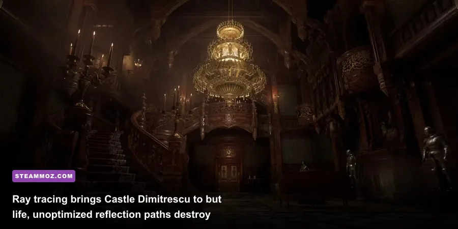 Grand hall interior of Castle Dimitrescu featuring ray-traced ambient lighting