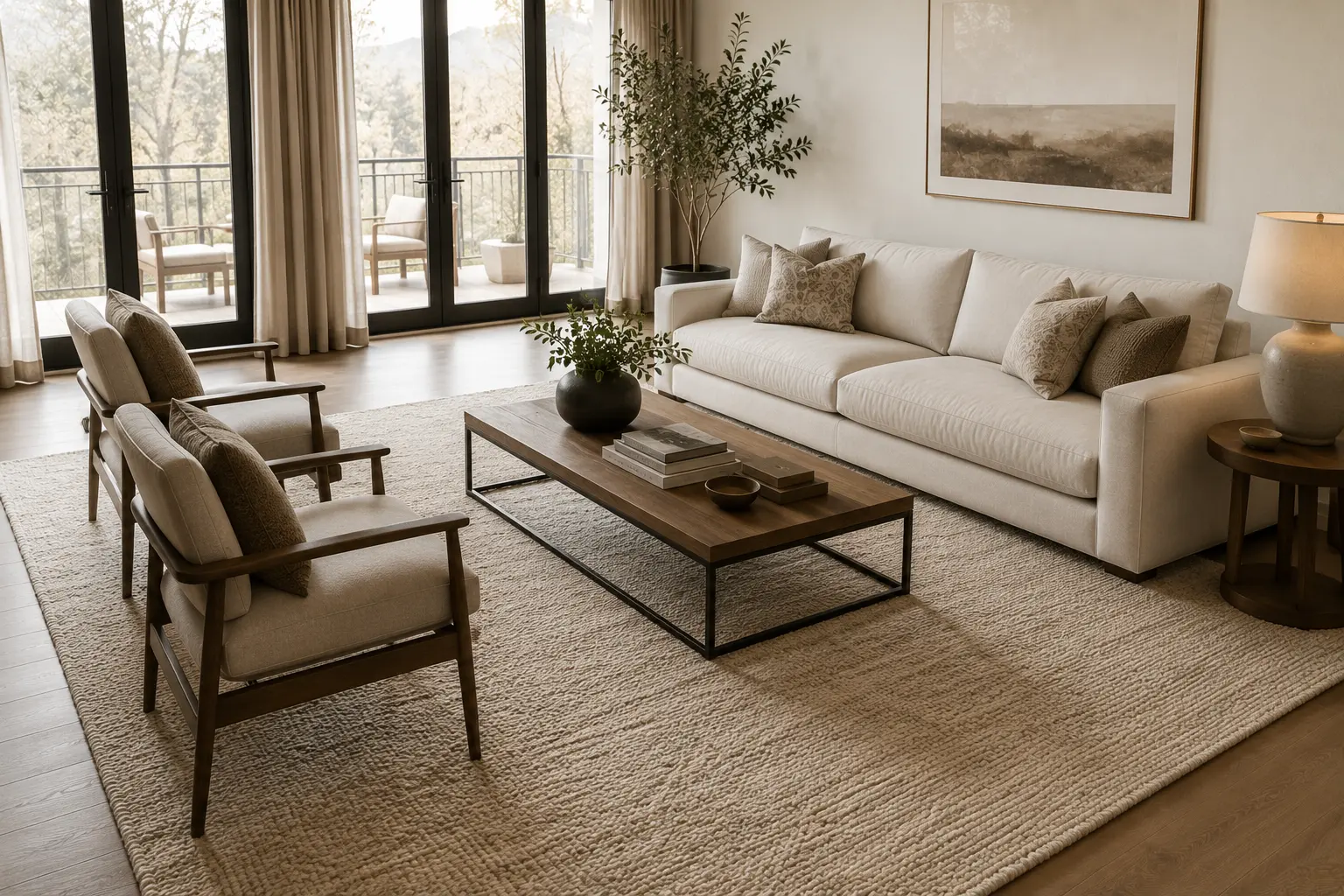 large area rug properly sized under sofa and armchairs in living room