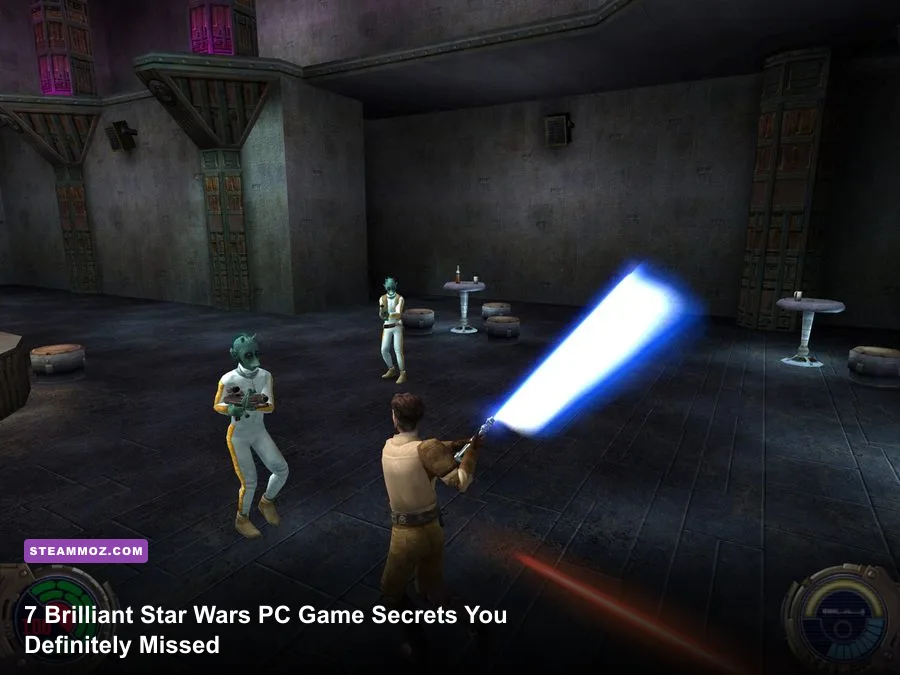 Kyle Katarn igniting his lightsaber in a dark corridor in Star Wars Jedi Knight II Jedi Outcast