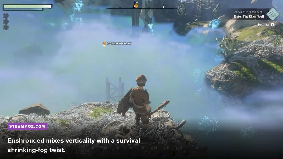 Enshrouded's fog-covered open world with vertical exploration