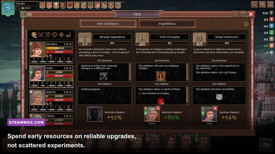 Bloodgrounds gladiator equipment and skill management screen