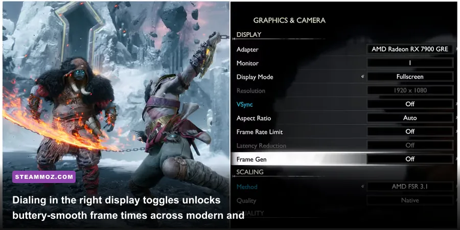 God of War Ragnarok PC graphics settings menu showing DLSS and frame generation toggles
