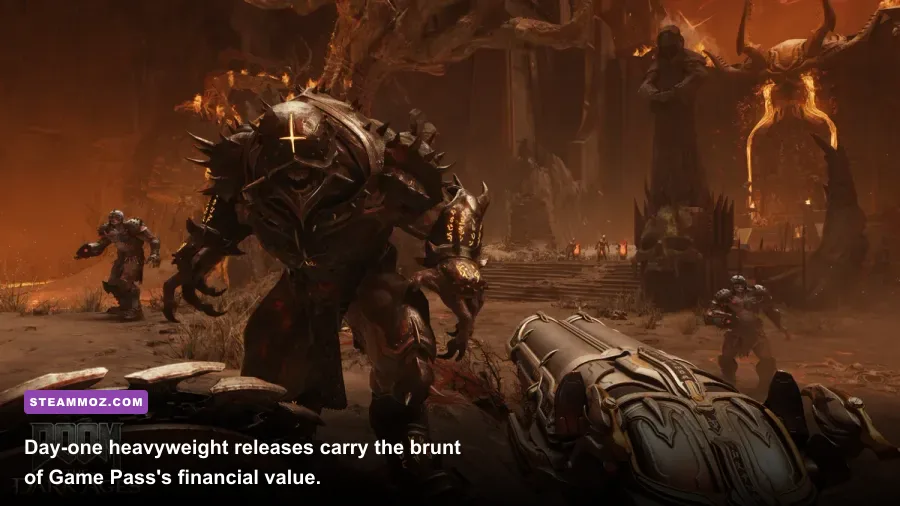 Heavy action gameplay from DOOM The Dark Ages representing day one releases