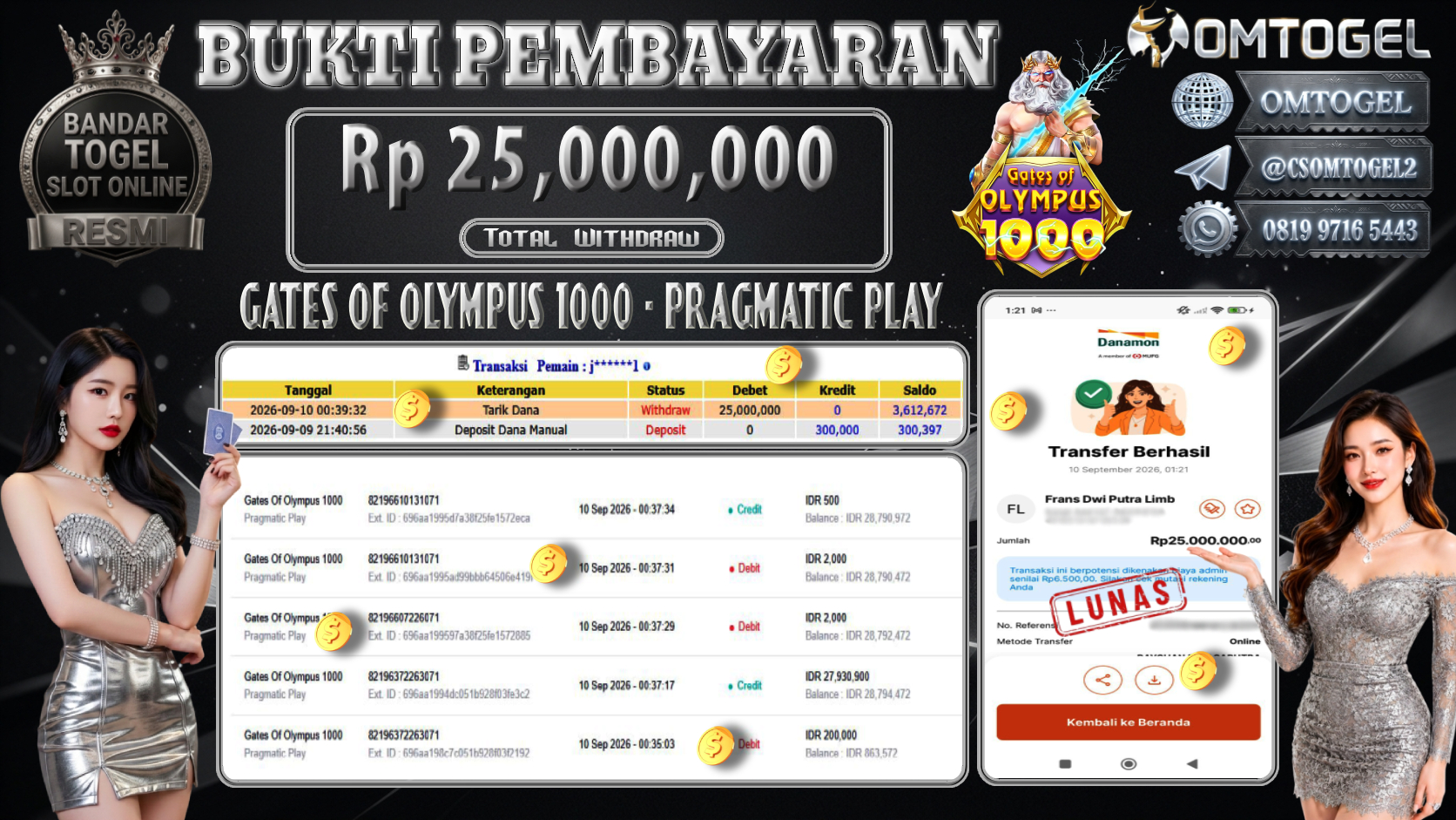 OMTOGEL JACKPOT PRAGMATIC PLAY GATES OF OLYMPUS 1000 Rp.25,000,000,- DIBAYAR LUNAS