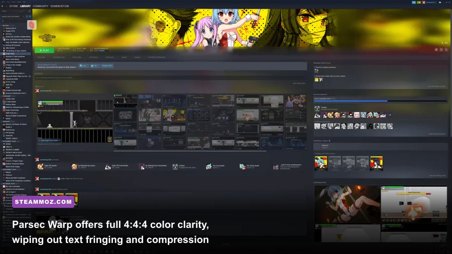 Parsec Warp menu showing 4:4:4 color subsampling and multi-display toggles