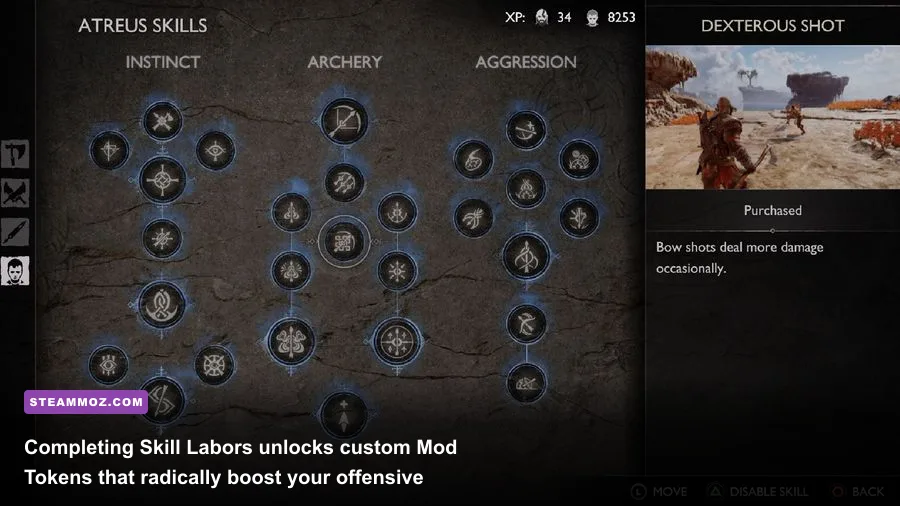 The Leviathan Axe skill tree displaying Gold tier skill labor mod tokens in God of War Ragnarok