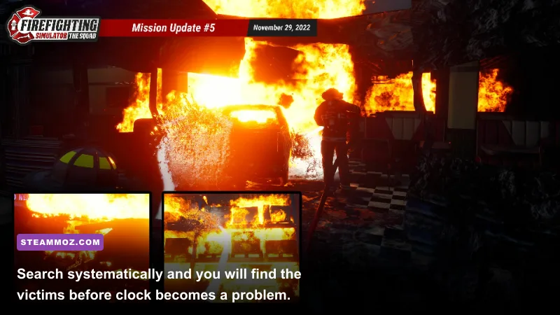 Firefighting Simulator The Squad firefighter searching a smoke-filled building