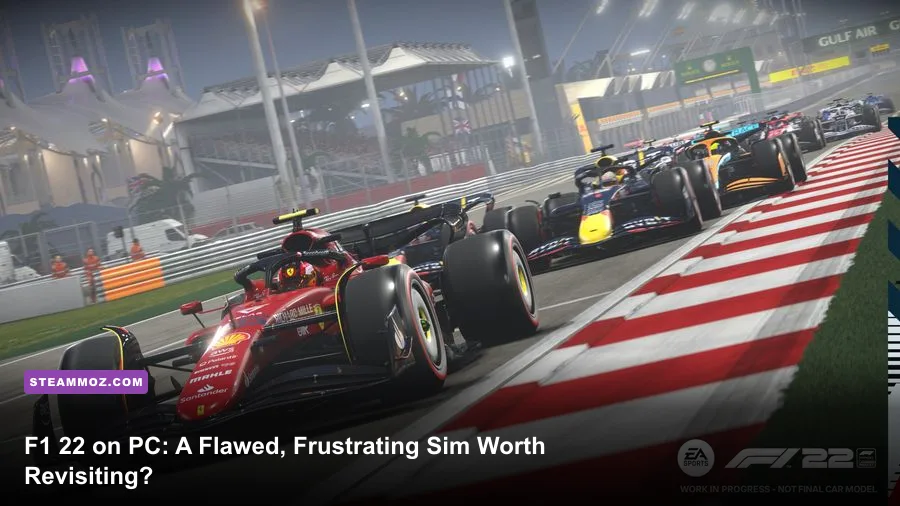 Ferrari F1-75 driven by Charles Leclerc under the Bahrain night lights in F1 22 on PC