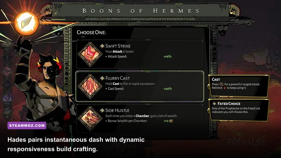 Zagreus executing a dash-strike with golden boon particle effects in Hades
