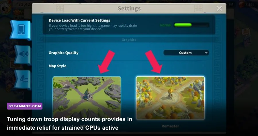 In-game settings screen in Rise of Kingdoms PC showing graphics quality and frame rate options