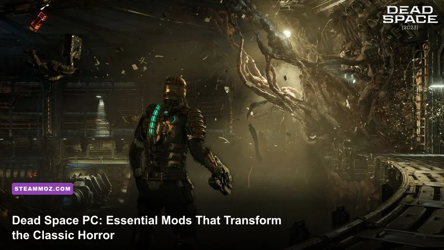 Isaac Clarke aiming the Plasma Cutter down a dark hallway in Dead Space PC