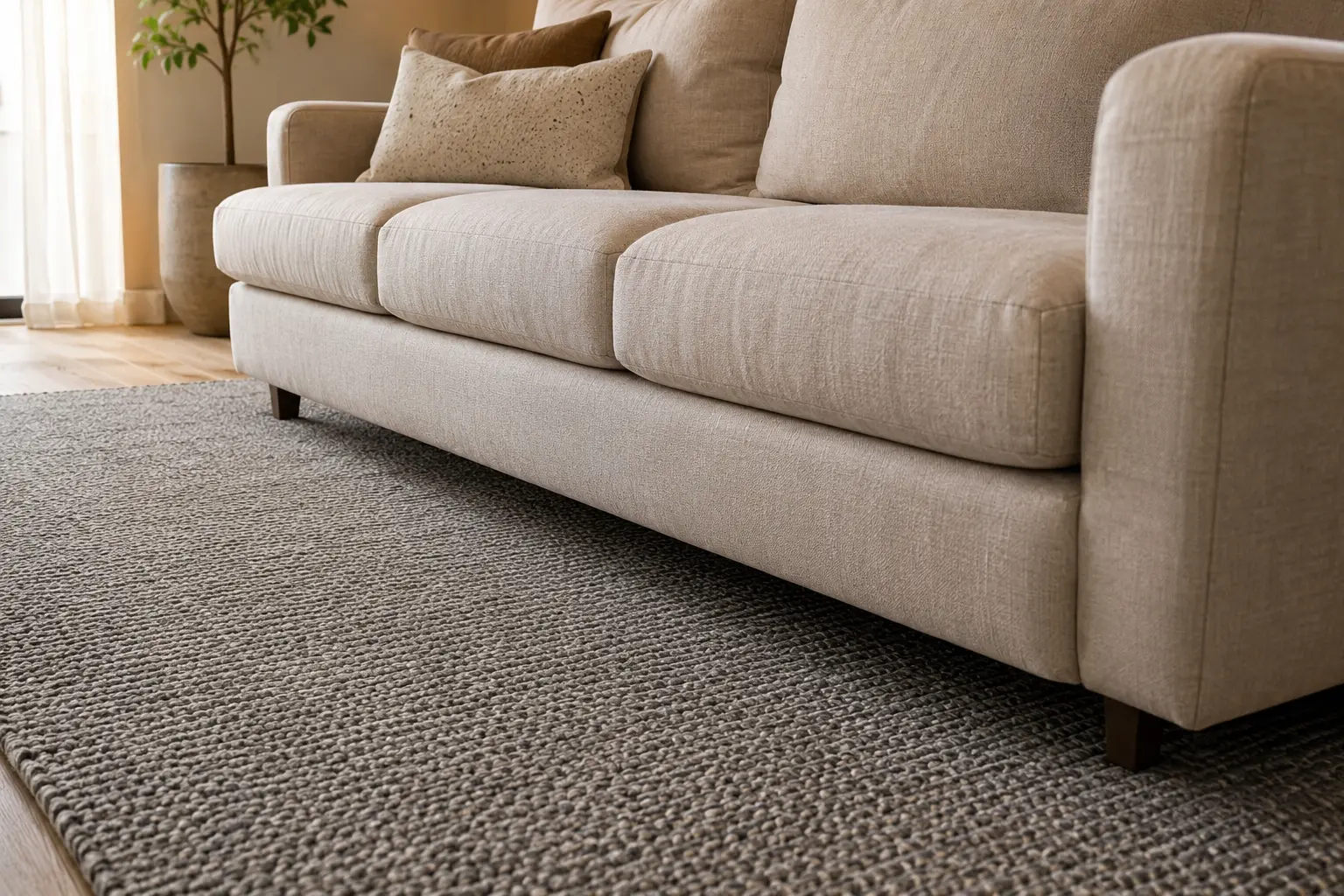 detailed view of a standard sofa with its front legs on an area rug, showing bare floor behind