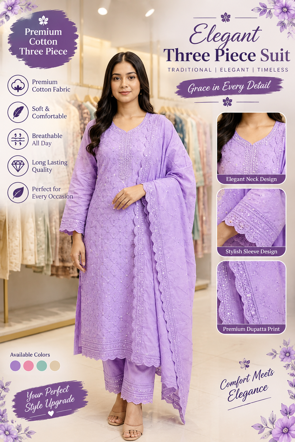 Premium Lavender Embroidery Three Piece â Elegant Cotton Collection