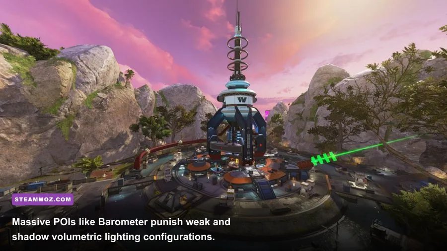 Wide view of Storm Point in Apex Legends highlighting complex geometry and lighting